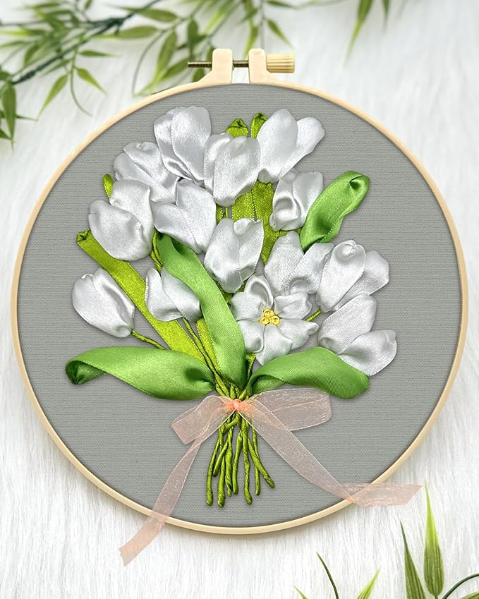 ERKOON Embroidery Kit for Beginners, Silk Ribbon Flower Cross Stitch Set for Include Embroidery Cloth Hoops Threads for Craft Lover Hand Stitch (True Confessions)