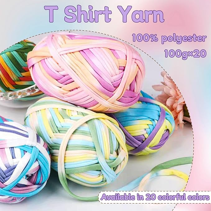 20 PCS T-Shirt Yarn Elastic Fabric Crochet for DIY Knitting, Spaghetti Thick Knitting Yarn for Hand DIY Bag Blanket Cushion Crocheting Projects,Home Decor Colorful