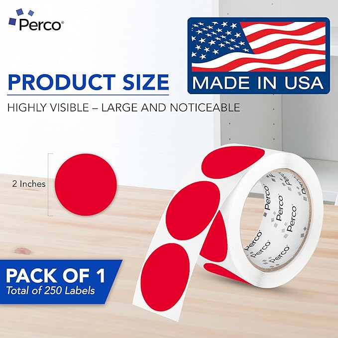 perco red 2-inch perforated circle dot sticker labels — 250 round stickers per roll — with permanent adhesive for organizing, color coding, bin labeling, packaging alerts — made in usa
