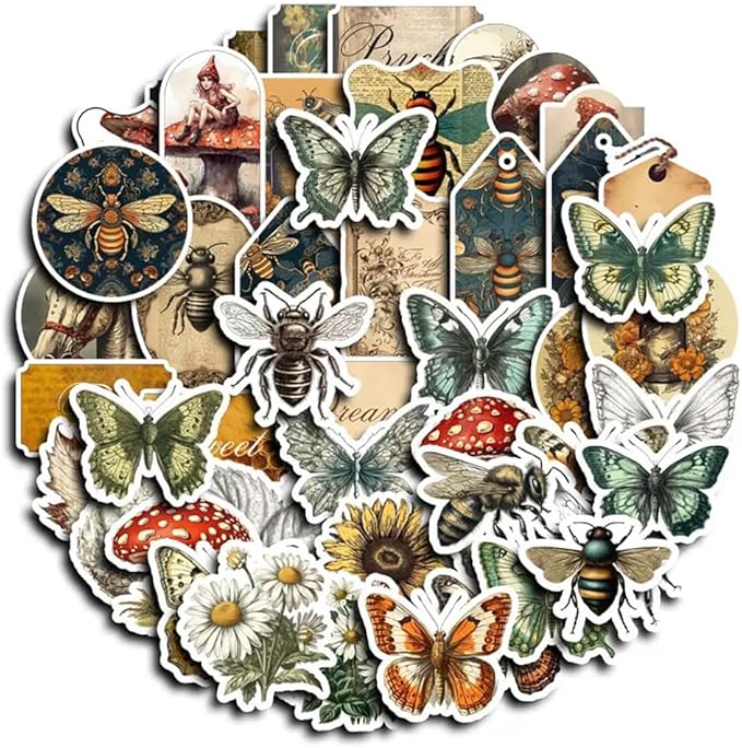 50Pcs Waterproof Vintage Stickers, Scrapbooking Supplies Kit,Aesthetic Decorative Craft Sticker for Planner, Bullet Journaling, Junk Journal, Water Bottles, Laptop, Retro Craft.Butterfly