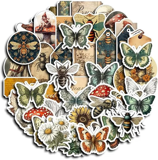 50Pcs Waterproof Vintage Stickers, Scrapbooking Supplies Kit,Aesthetic Decorative Craft Sticker for Planner, Bullet Journaling, Junk Journal, Water Bottles, Laptop, Retro Craft.Butterfly