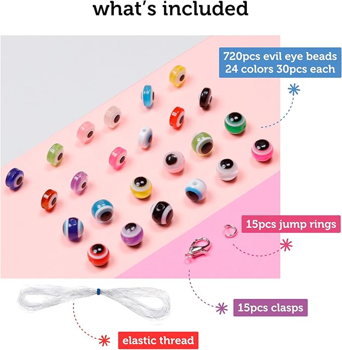 Incraftables 720 Piece Evil Eye Beads Kit – 24 Color Glass Beads Set with Clasps, Jump Rings, Elastic Cords & Organizer - Bracelet Making Kit for Jewelry Crafting