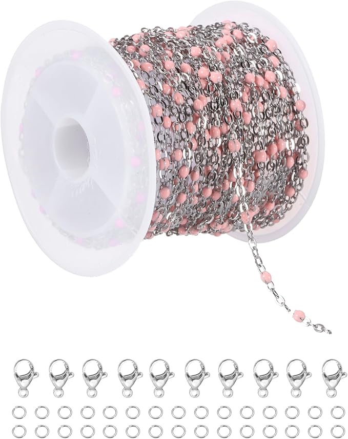 MECCANIXITY Stainless Steel Bead Chain, 16.4 Feet/5M Enamel Beaded Jewelry Link Cable Chains Spool Kit for Jewelry Making, Necklace, Bracelets, DIY Crafts (Silver/Pink, Pack of 1)