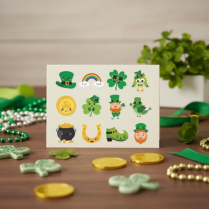 beyumi cute shamrock sticker roll - 1000pcs st. patrick's day stickers in 2 rolls waterproof cartoon irish green shamrock clover gnome decals gift party favor laptop bottle scrapbooking decor for kids
