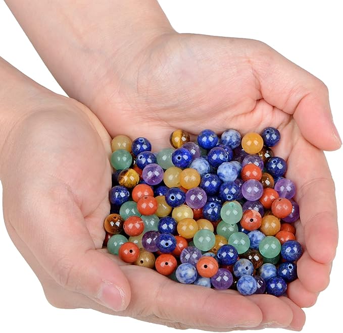 bymitel 140pcs natural crystal beads stone gemstone round energy healing loose beads with stretch cord for jewelry making bracelets anklets (7-colors chakra, 8mm 140pcs)