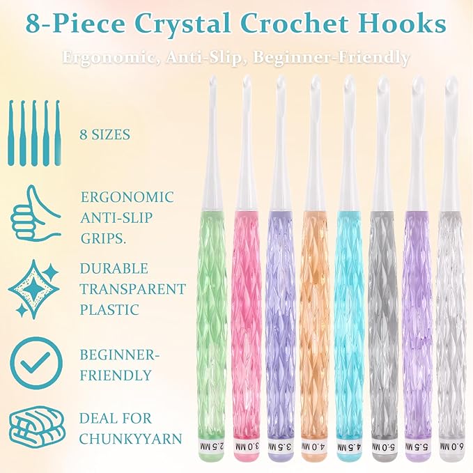 8 PCS Crystal Crochet Hooks Set, Colorful Anti-Slip Transparent Plastic Crochet Hook Set(2.5-6mm), Ergonomic Crochet Hooks for Arthritic Hands, Crochet Needles for Beginners & DIY Craft