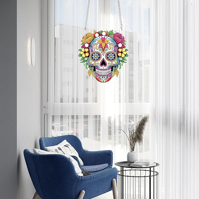 DIY 5D Diamond Painting Hanging Ornament, Skull Design Diamond Art Pendant for Wall, Door, or Window Decoration, Crystal Rhinestone Kit for Halloween, Birthday or Festival Gifts
