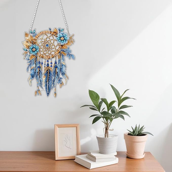 NAIMOER DIY Hanging Diamond Art Kits for Adults, Blue Dream Catcher Diamond Painting Kits, Special Shaped Rhinestone, Acrylic 5D Gem Art Craft Window Pendants Home Garden Wall Hanging Ornament Kits