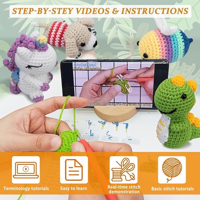 Crochet Kit for Beginners – 6 PCS Crochet Animal Kit, Knitting Beginners Kit with Step by Step Videos, Yarn, Crochet Hook, Great Birthday Holiday Gift (Knitting Kit 2)