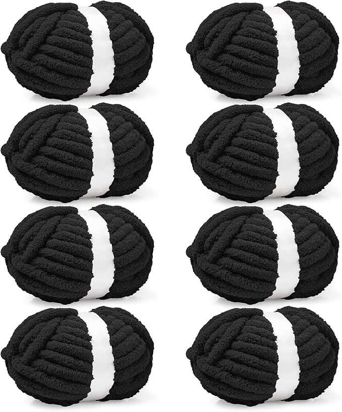 Inhand 8 Pack Chunky Chenille Yarn for Crocheting–30.6 Yards, 7.7oz, Soft Fluffy Thick Yarn,Gifts for Men/Women Birthday Christmas Unique,Hand Knitting for Blankets&DIY Crafts (Black)