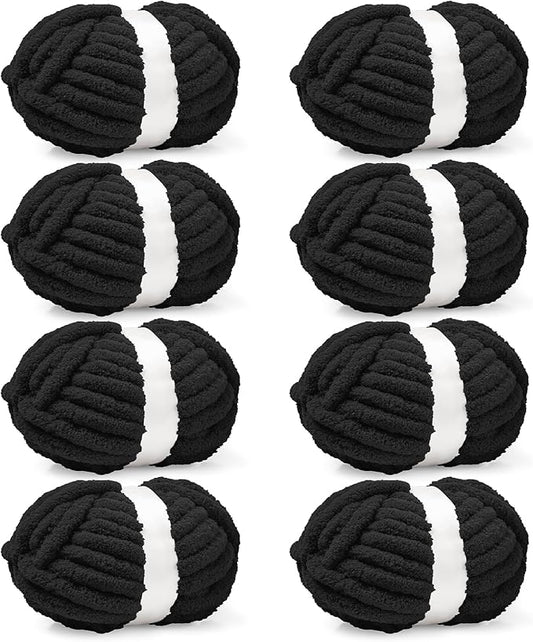 Inhand 8 Pack Chunky Chenille Yarn for Crocheting–30.6 Yards, 7.7oz, Soft Fluffy Thick Yarn,Gifts for Men/Women Birthday Christmas Unique,Hand Knitting for Blankets&DIY Crafts (Black)
