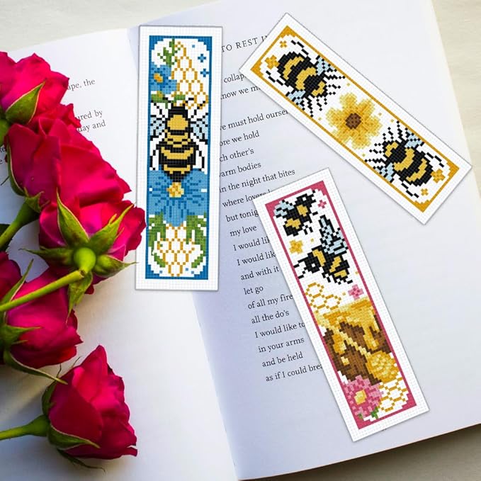 ORIGACH 6 Set Bees Cross Stitch Bookmark Kit for Beginner with Backing Felt Floss Instructions DIY Stamped Embroidery Bookmark Kit for Adults, Book Lovers