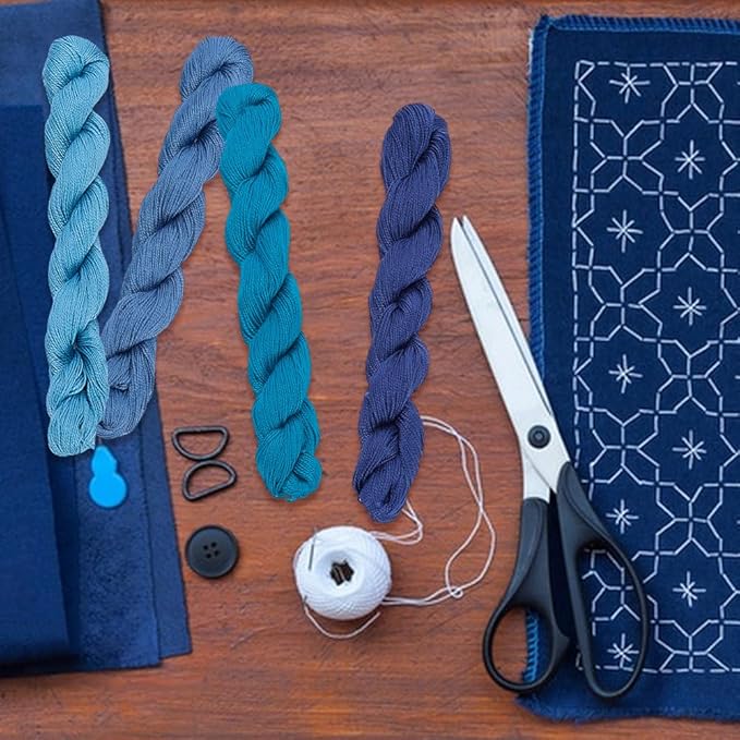 FREEBLOSS 4 Pcs Sashiko Thread Sashiko Skein 100M * 4 Colors Pure Cotton Embroidery Thread Japanese Sewing Threads Quilting & Embroidery Kit Supplies, Blue