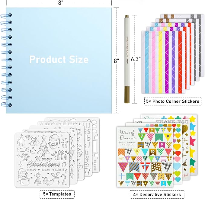 GOTIDEAL 8 x 8Inch Scrapbook Album,40 Pages Kraft Paper Photo Albums for Wedding&Anniversary,Family DIY Scrap Book Kits with Metallic Markers&Scrapbooking Stickers Corners(Blue)