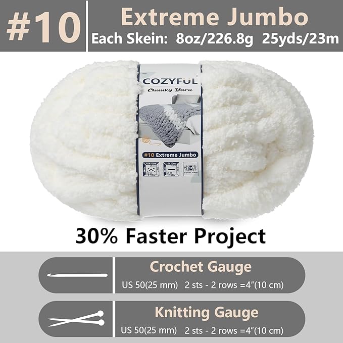 Chunky Yarn for Hand Knitting - #10 Chunky Chenille Yarn, Jumbo Big Thick Chunky Yarns for Crocheting, Super Bulky Chunky Knit Blanket Yarns, 8 Skein (25 yds 8 oz Each Skein), Cream