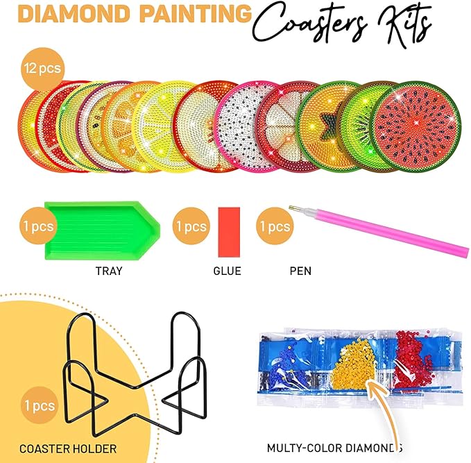 12 pcs Diamond Painting Coasters | Diamond Art Coasters | Fruit Diamond Art Painting | Perfect Art Craft Gift for Fruit Lover, Dad, Mom, Grandparents, Brother, Sister.