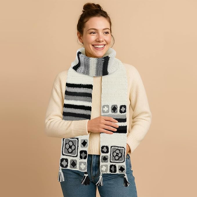 Noocro Granny Square Scarf Crochet Kit – Complete Yarn Kit with Crochet Hook, Markers, and Other Accessories, Detailed Instruction & Video Tutorial – for Intermediate or Ambitious Beginners
