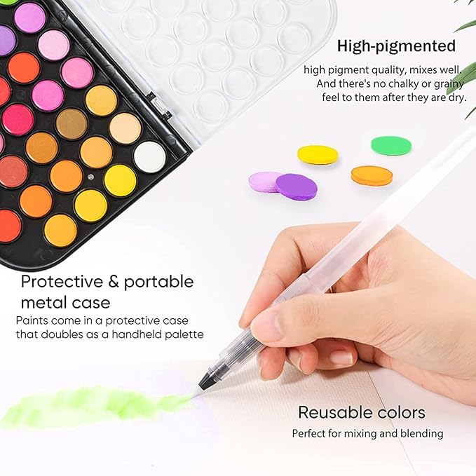 Watercolor Paint,watercolor paint set,48 Colors Washable Watercolor Paint Set With Brush, Refillable Water Brush Pen, Palette, and Water-Washable Paints for Adults Artist Beginner