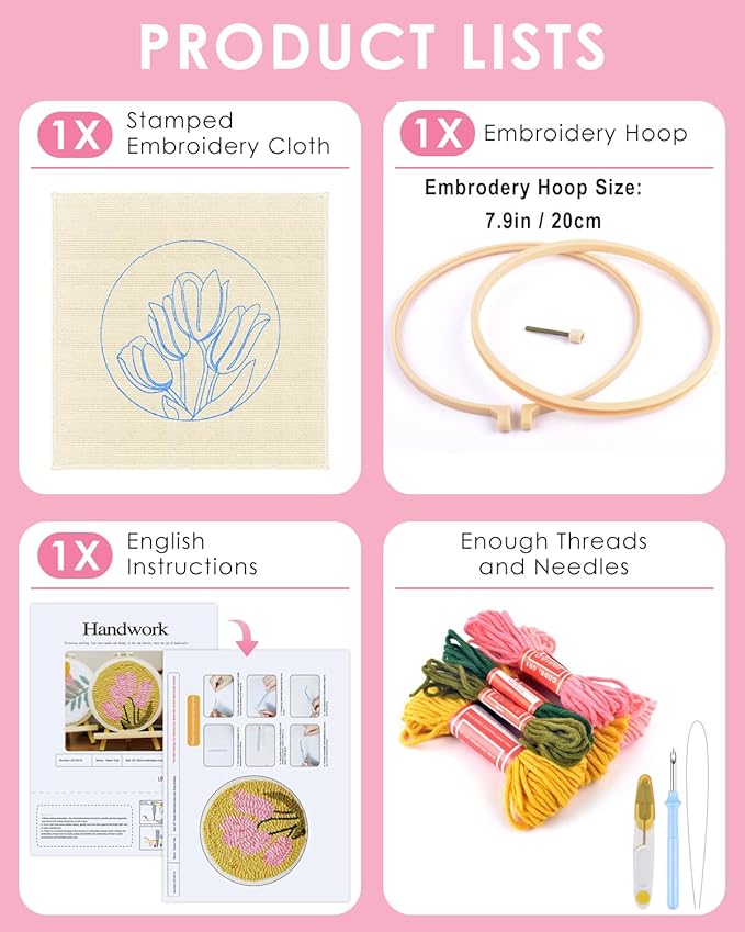 TINDTOP Punch Needle Embroidery Kits, Tulip Punch Needle Kits for Adults Beginner, Tool with Punch Needle Fabric, Hoops, Yarns and Sewing Needles