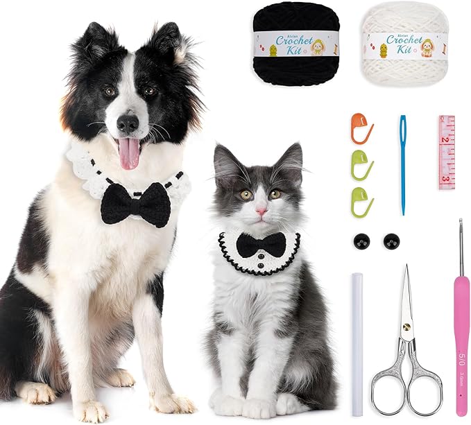 Alvian Crochet Kit for Beginners Pet Adjustable Knitting Cat Collars Hand-Woven Crochet Bib Kitten Necklace Scarf Outfit Costume Ideal Gift for Cat and Dog
