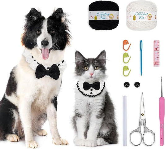 Alvian Crochet Kit for Beginners Pet Adjustable Knitting Cat Collars Hand-Woven Crochet Bib Kitten Necklace Scarf Outfit Costume Ideal Gift for Cat and Dog