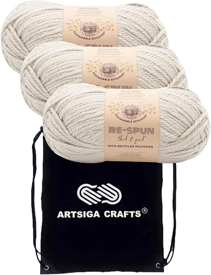 Lion Brand Re Spun Thick & Quick Pumice Stone 843-150 (3-Skeins - Same Dye Lot) Weight S Bulky #6 Polyester Yarn for Crocheting and Knitting with Project Bag