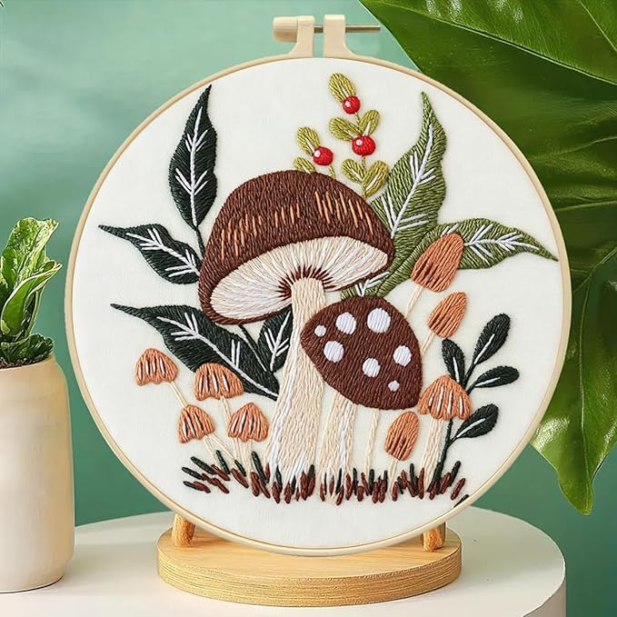 Zhenqing Woodland Mushroom Embroidery Kit for Beginners - 29x29cm Printed Fabric with Hoop & Full Tools(S-CX0910)