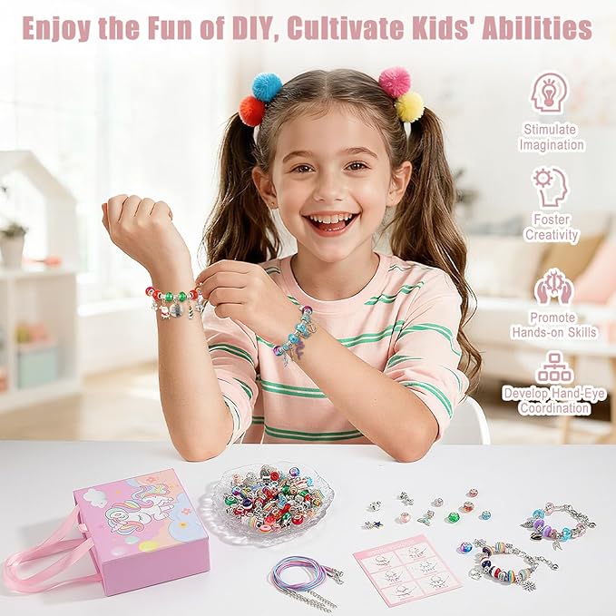 Emibele Charm Bracelet Making Kit, Jewelry Making Kit for Girls Age 8-12, Unicorn/Mermaid DIY Bracelets Crafts Kit for 5 6 7 Girls, Gifts Idea on Birthday Valentines Easter
