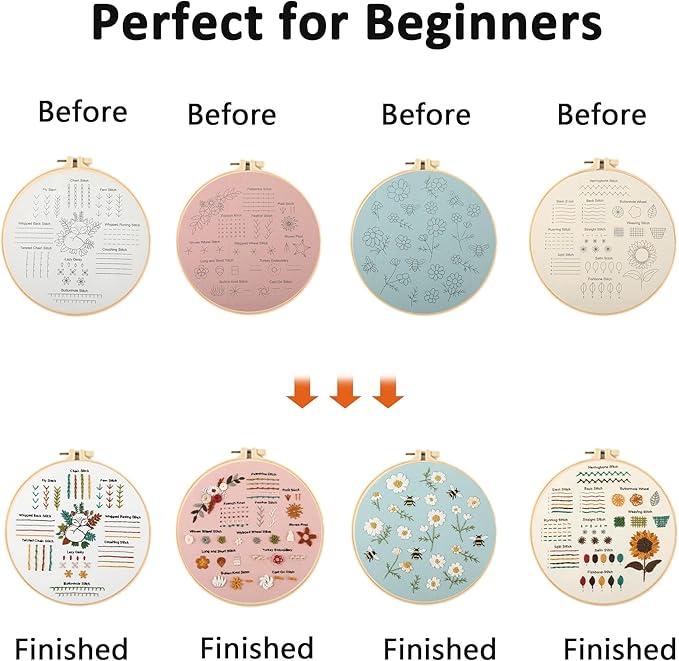 JOINRUN 4 Pack Beginner Embroidery Kit for Adults, Learn Stitches with Pre-Stamped Patterns, Step-by-Step Guide & Video, 7.8" Hoop, Threads & Needles, DIY Needlework Craft Gift for Women