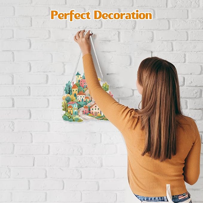 GHHKUD Hanging Diamond Art House Pendants Kits, DIY Hanging Decoration Double Sided Landscape Diamond Pinting Ornaments for Adults Kids Gifts for Home Decor