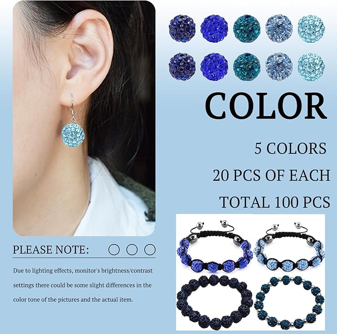 10mm Grade A Rhinestone Beads for Baseball Necklace-Round Disco Ball Bead Rhinestone Clay Beads for Earring Jewelry Making,Necklace Bracelet,DIY Craft Supplies(100 pcs Blue)