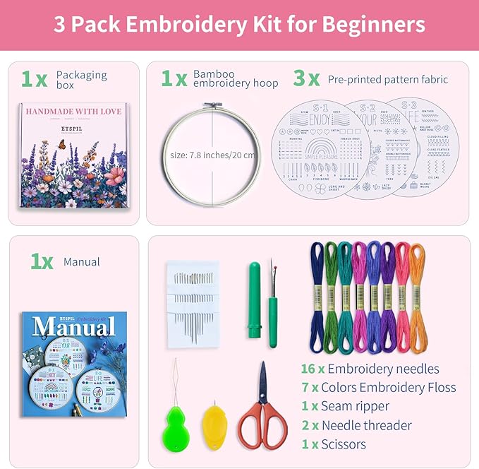ETSPIL 3 Pack Embroidery Kit for Beginners and Adults,Learn 33 Stitches with DIY Stamped Flower Patterns – Includes Hoop, Color Threads, Tools, and Step-by-Step Instructions with Video Tutorials