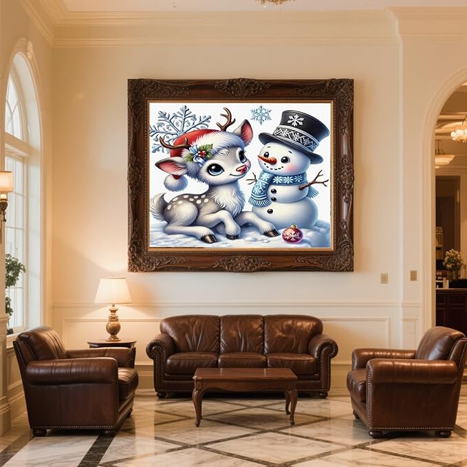 Christmas Diamond Art Kits for Adult,Snowman Xmas Deer Diamond Painting Kits for Beginners,DIY Round Full Drill Winter Holiday Diamond Dot Gem Art Kits for Home Decor Craft Gift (13.8x13.8inch)