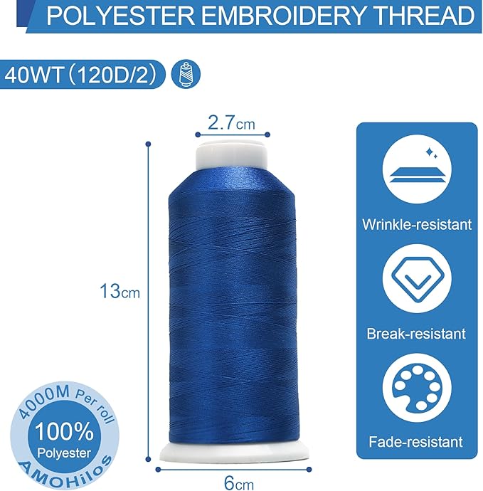 High Tenacity Polyester Embroidery Machine Thread 40WT(120D/2) 4000M Per Spool for Commercial and Domestic Embroidery Machine (True Blue-1842)