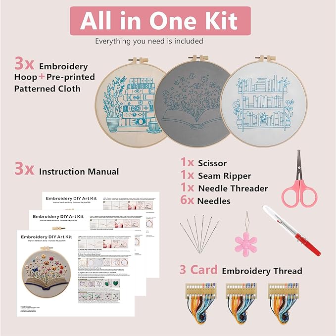 Embroidery Kit for Adults, Pre-Stamped Pattern Embroidery Kit for Beginners, DIY Hand Needlepoint Starter Kit with Hoop Thread Needle Instruction, 7.87'' Hoop (Book Lover 3 Packs)