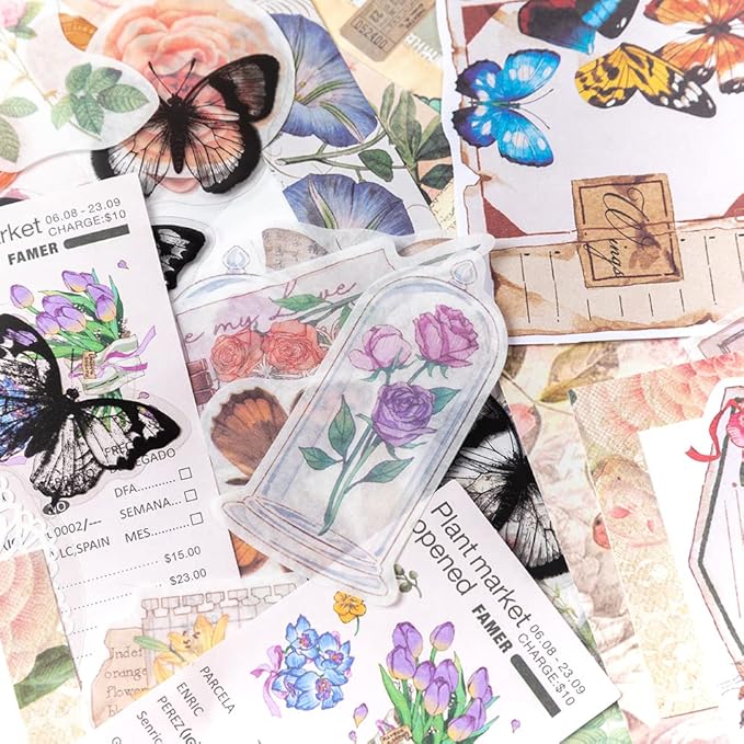 Alideco 260pcs Vintage Scrapbook Stickers Scrapbooking Paper Washi Junk Journaling Supplies Collage Album Aesthetic Cottagecore Picture Frames(Flowers Butterfly)