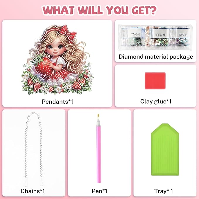 Bowetile Diamond Art Hanging Kits for Adults, Diamond Art Suncatchers Cute Strawberry Girl, 5D Special Shape Diamond Painting Pendant Window Ornament Gifts for Home Wall Door Garden Decor