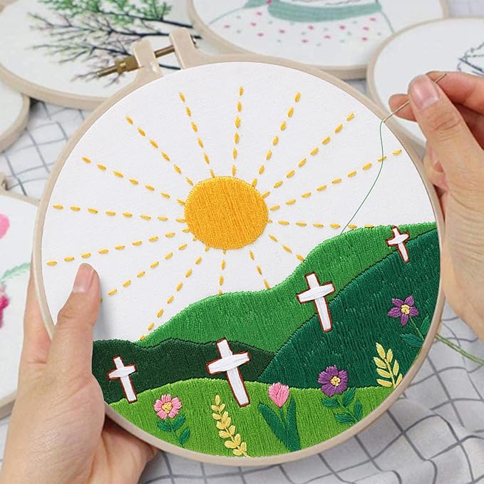 Louise Maelys Embroidery Kits for Beginners,Cross Stitch Kit for Adults,DIY Needlepoint with Easter Christian Sunrise Flowers Pattern