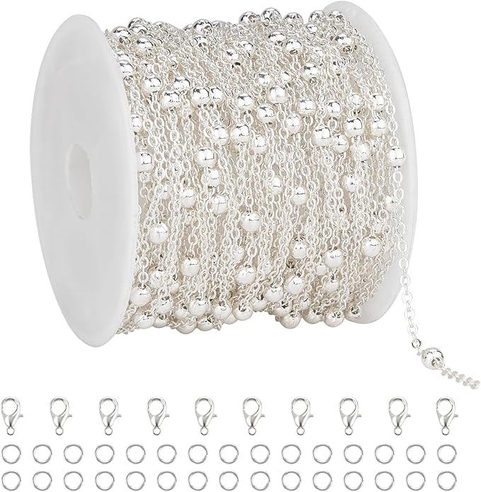 KYUNHOO 32.8 Feet Beaded Chain for Jewelry Making Thin Cable Chains Bulk Silver Jewelry Supplies for Women Men DIY Handcrafts with Lobster Clasps Jump Rings