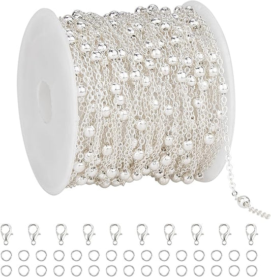 KYUNHOO 32.8 Feet Beaded Chain for Jewelry Making Thin Cable Chains Bulk Silver Jewelry Supplies for Women Men DIY Handcrafts with Lobster Clasps Jump Rings