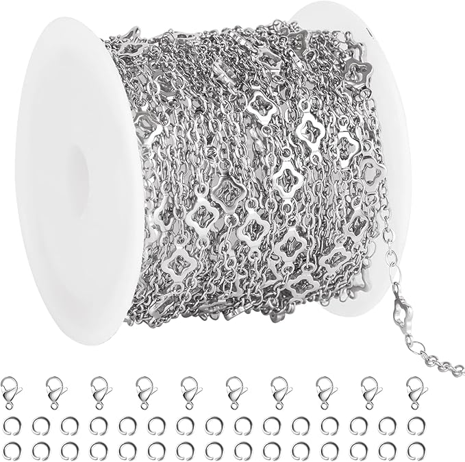GTVOODX 16.4 Feet Four Leaf Clover Links Cable Chain for Jewelry Making Silver Stainless Steel Chain Spool Bulk for DIY Bracelet Necklace with 10 Lobster Clasps and 30 Jump Rings