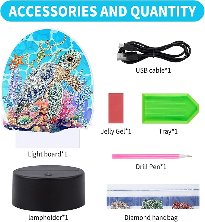 ALKALO Diamond Painting Night Light, Diamond Painting Kits for Adults Desktop Ornaments for Table Tabletop Decor Diamond Art Accessories for Adult Beginner Touch Lamp for Bedrooms Living Room- Turtle
