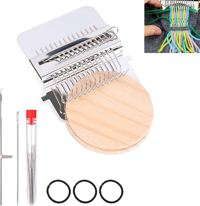 Mini Darning Looms Kit for Beginners, 14-Hook Wooden Weaving Tool with Stainless Steel Needles, Portable Knit Patch Repair Kit for Jeans Clothes Tapestries Scarves