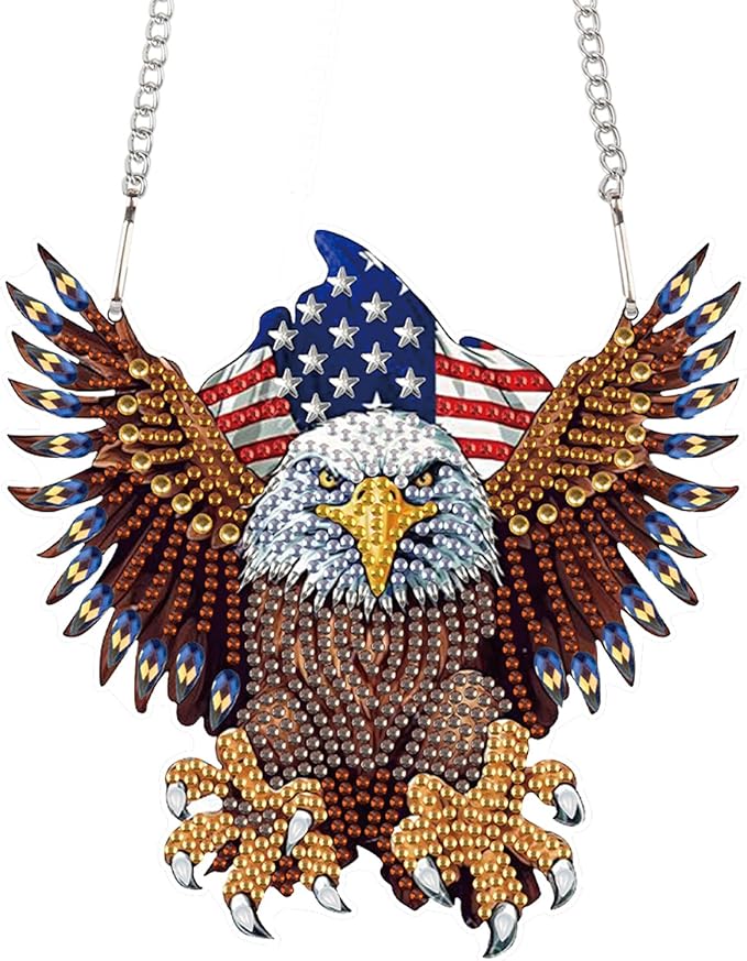 DIY Diamond Art Hanging Kits for Adults, Patriotic American Flag Owl Special Shaped Crystal Diamond Painting Ornament, Acrylic Window Suncatcher Pendant with Chain for Independence Day Home Decor Gift