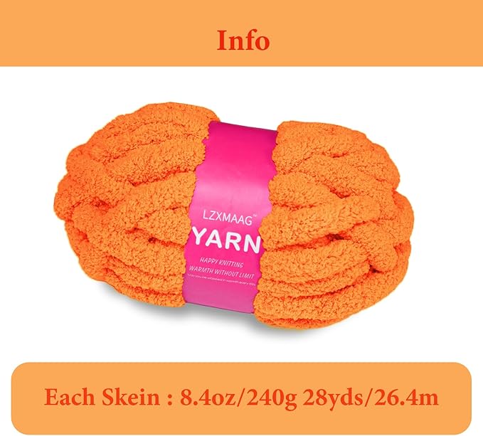 Chunky Yarn for Hand Knitting and Blankets – Super Soft Jumbo Chenille Yarn Pack for Crocheting, Bulky DIY Projects, 8 Skeins(Orange)