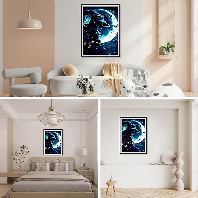 SENQAO Halloween Diamond Painting Kits for Adults, Moon Witch Pumpkin Diamond Art Kits Full Drill Bats Star Diamond Dots Paint with Diamonds Gem Arts and Crafts Home Wall Decor 12x16inch