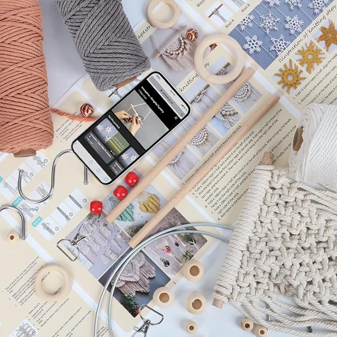 UHAPEER Macrame Kits for Adults Beginners with 656 Feet 3 mm Macrame Cotton Cord, DIY Macrame Plant Hanger Kit with Macrame Supplies and Instructions, Macrame Meads, Wooden Rings, Dream Catcher Rings