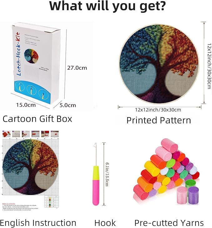 Latch Hook Rug Kit Abstract Colorful Tree Easy for Beginners Round Shape Carpet Crochet Yarn Craft Mini Rug DIY Hook and Latch Little Tapestry for Home Decor 30x30cm(3)