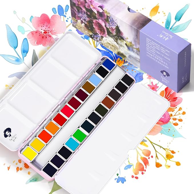 Paul Rubens Watercolor Paint Set Artist Grade, 24 Vivid Floral Colors with Portable Metal Box for Artists, Beginners, Hobbyists, Students