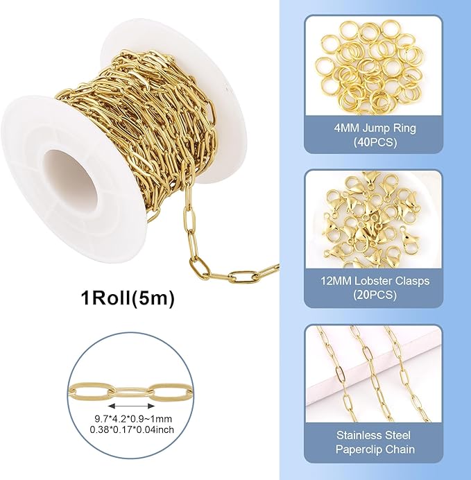 Pandahall 16.4 Ft 18K Gold Plated Paperclip Chains Stainless Steel Chains 9.7x4.2x1mm Gold Link Chains Kits with Lobster Clasps Jump Rings for DIY Bracelet Necklace Jewelry Making